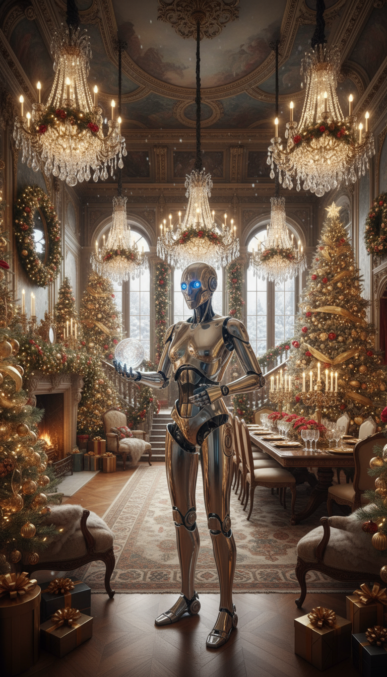 A robot in a grand, spacious mansion filled with extravagant Christmas decorations, luxurious holiday decor, and festive ambiance.
