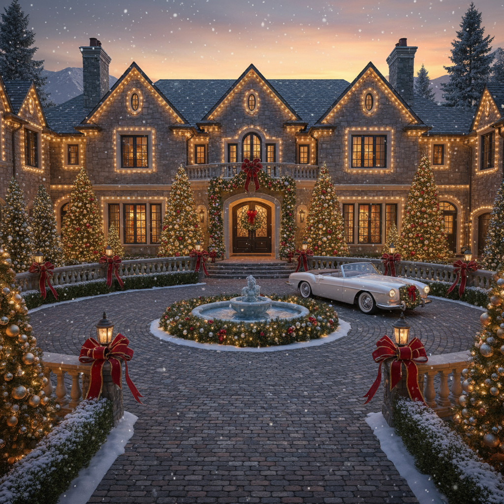 An upscale mansion decorated for the holidays