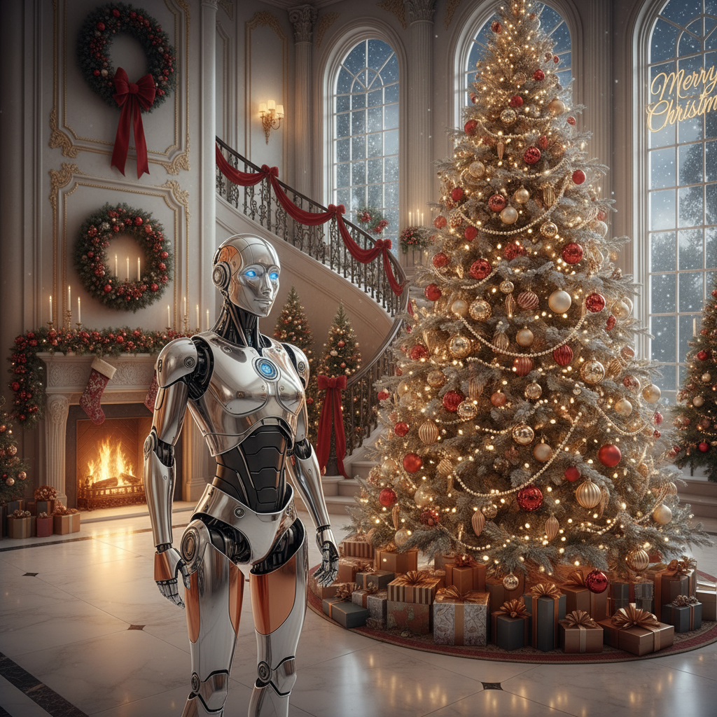 a robot in a mansion with Christmas decorations