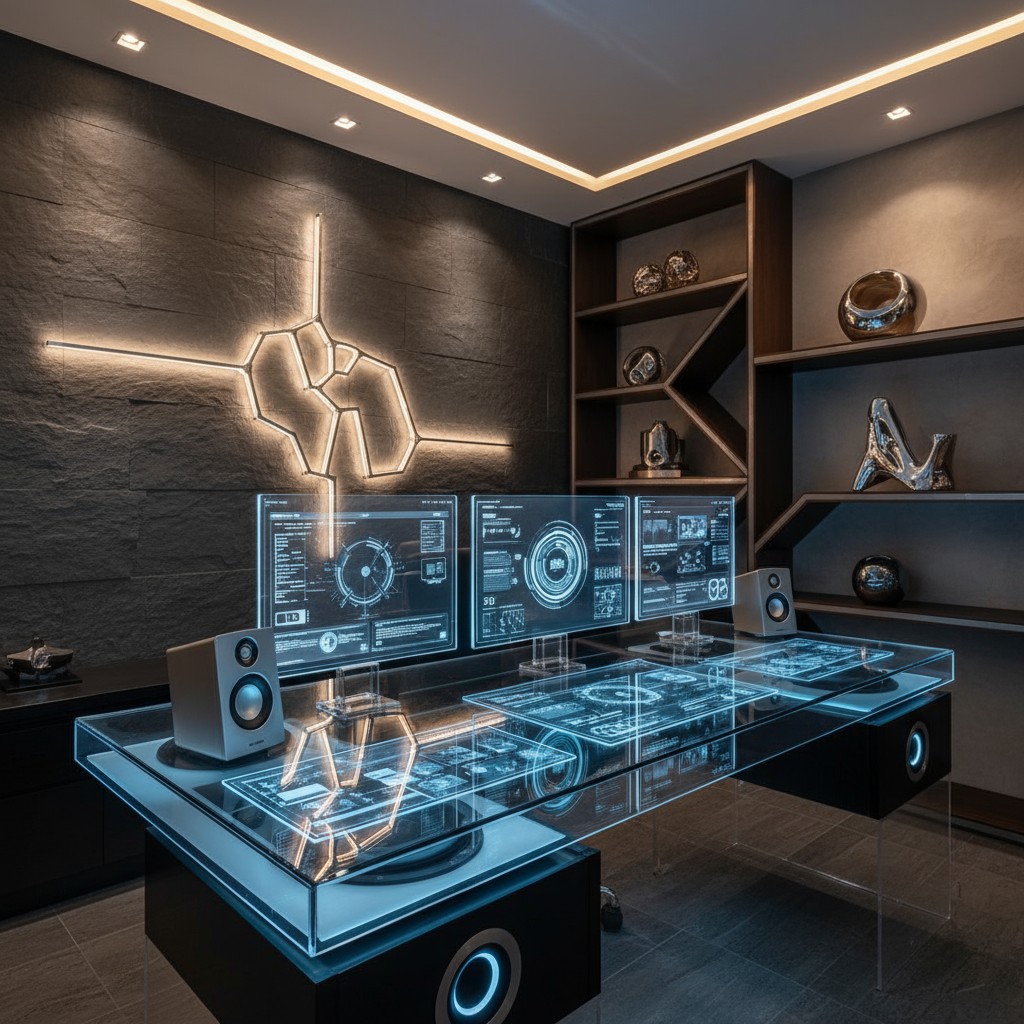 A futuristic home office with a prominent computer displaying health data, showcasing a cutting-edge setup for health moni...