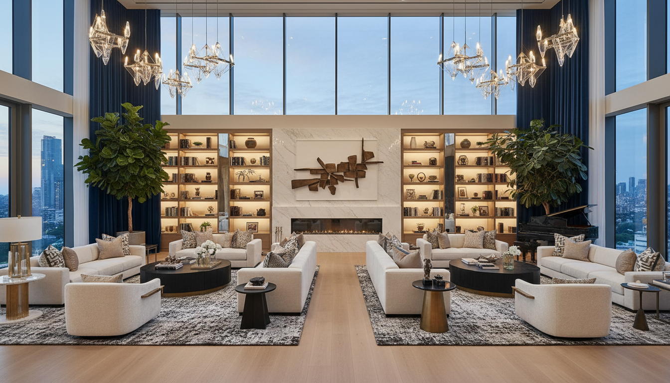 A very large living room in a modern upscale mansion, featuring a very tall wall and ceiling, filled with high-end furniture and luxurious decor.