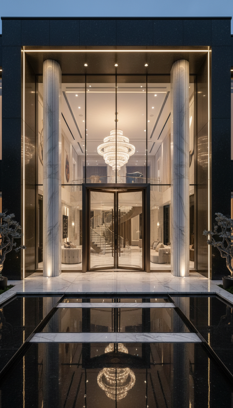 grand modern mansion entrance with upscale features, dramatic lighting, luxurious foyer