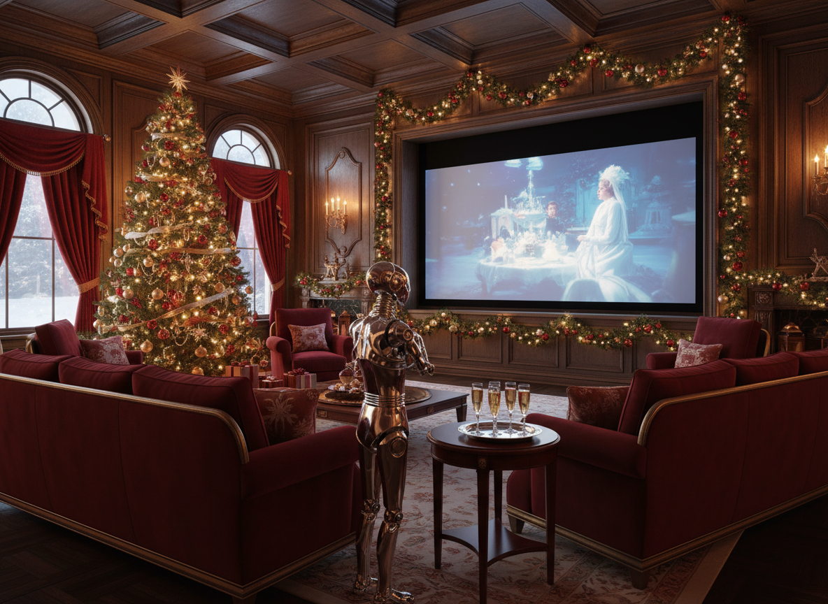 A grand luxury mansion media room decorated for Christmas. A large ultra-wide cinematic screen glows at the center, surrounded by elegant holiday décor including a beautifully lit Christmas tree, garlands with warm fairy lights, red and gold ornaments, and plush velvet seating. A sophisticated robot server stands nearby holding a tray of champagne glasses. The room has rich dark wood paneling, warm amber lighting, and an atmosphere of festive opulence and refined entertainment.