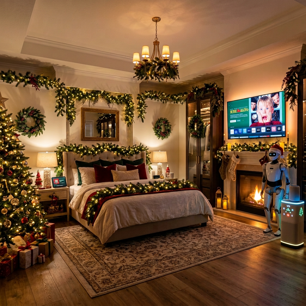A magnificent his-and-hers master wardrobe in a grand mansion decorated for Christmas, featuring automated closets for both men and women, a wall-mounted smart television, elegant festive lighting, robot assistants, and luxury smart-home technology.
