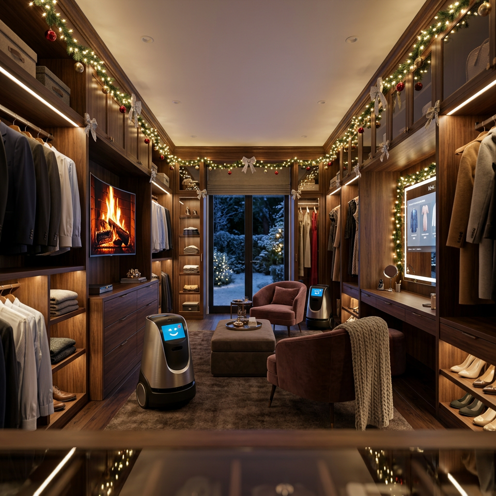 Christmas smart master closet with TVs and robots