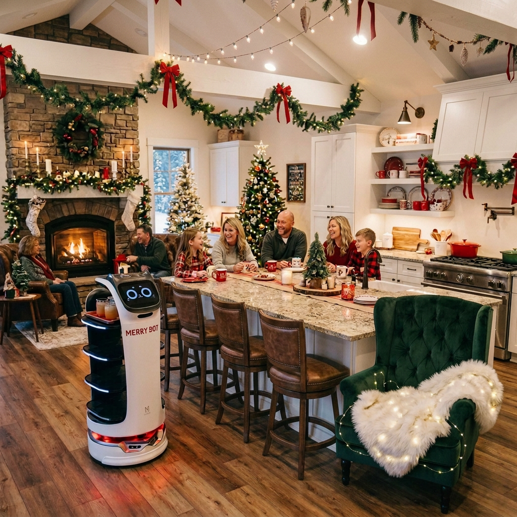Family celebrating Christmas with a robot labeled “MERRY BOT”