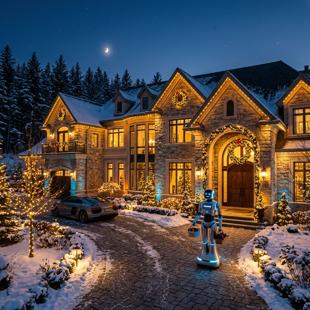Snow-covered holiday home with lights, wreaths, car, and robot